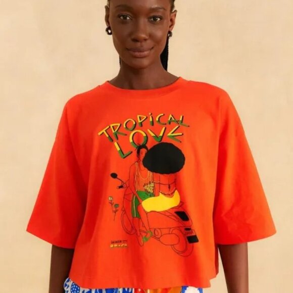FARM Rio Tops - Farm Rio x Mayara Ferrao Tropical Love Tee in Orange Size XL